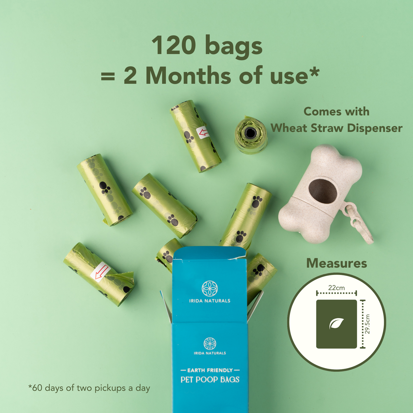 Irida Naturals Compostable Pet Poop Bags 120 Bags with a Wheat straw dispenser
