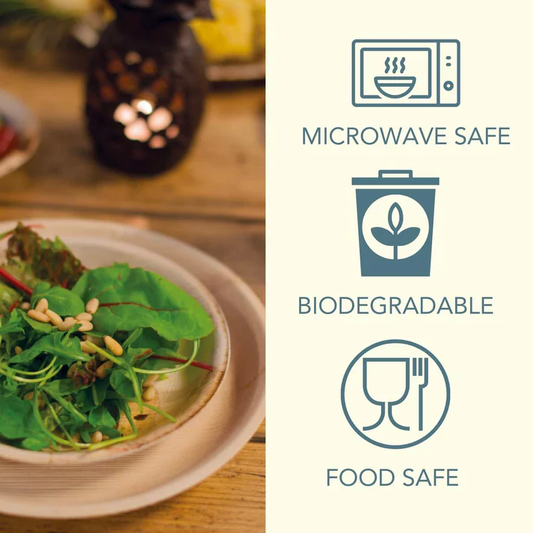 A graphic showcasing disposable plates that are microwave safe, biodegradable, and food safe, alongside a salad plate image.