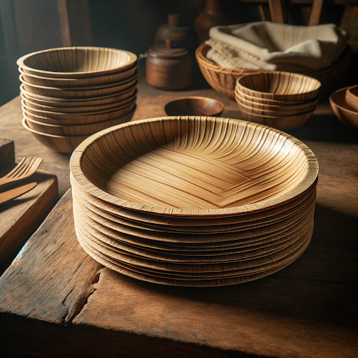 Stacks of areca leaf plates on a wooden table, showcasing eco-friendly areca products in a rustic kitchen setting.