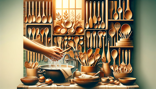 A kitchen scene with hands washing a pot, surrounded by symmetrically arranged wooden utensils and bowls, bathed in warm sunlight.