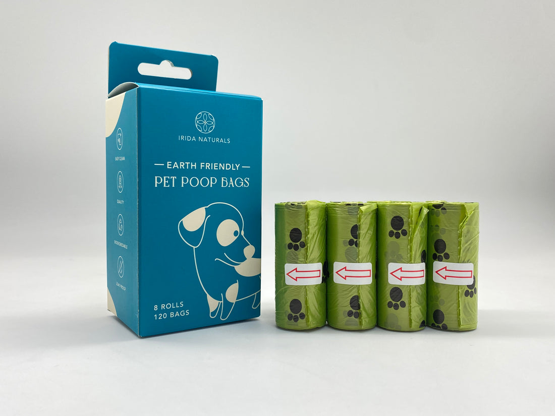 Irida Naturals Biodegradable Pet Poop Bags for a sustainable replacement of plastic bags!