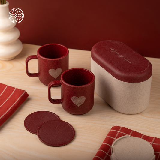 Eco-Friendly Couple's Rice Husk Mug & Coaster Gift Set with multi-utility box (Two Hearts)