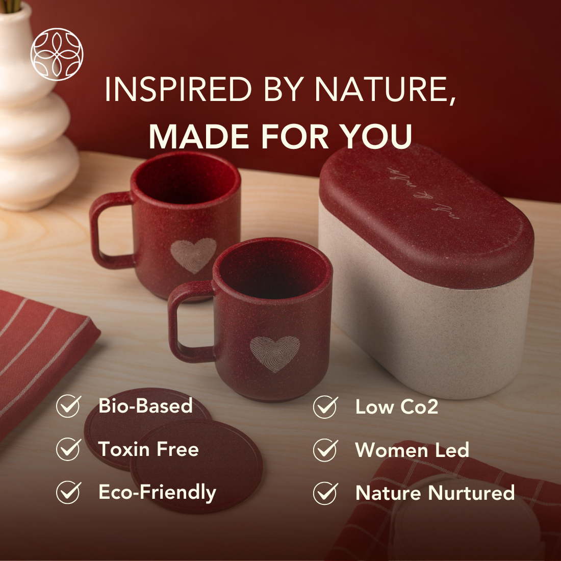 Eco-Friendly Couple's Rice Husk Mug & Coaster Gift Set with multi-utility box (Two Hearts)