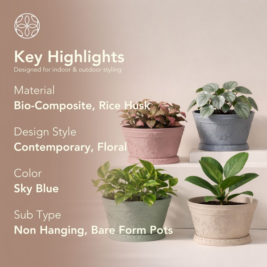 Eco Friendly Rice Husk Lotus 9.5 inch Pots & Planter | Soft Beige