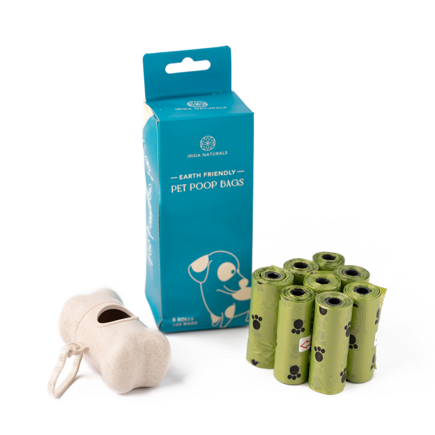 Irida Naturals Compostable Pet Poop Bags 120 Bags with a Wheat straw dispenser