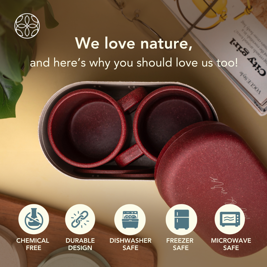 Eco-Friendly Couple's Rice Husk Mug & Coaster Gift Set with multi-utility box (Two Hearts)
