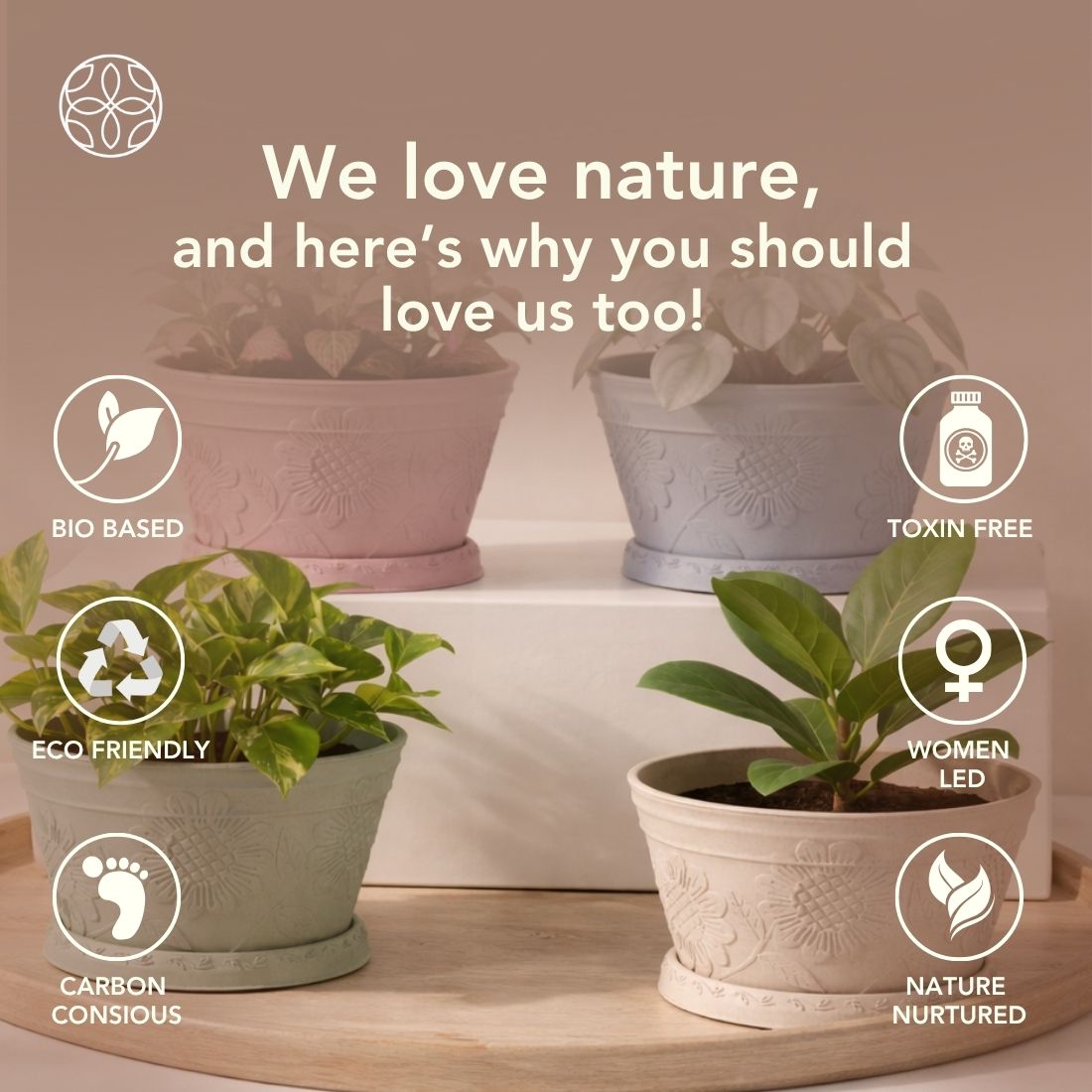 Eco Friendly Rice Husk Lotus 9.5 inch Pots & Planter | Soft Beige